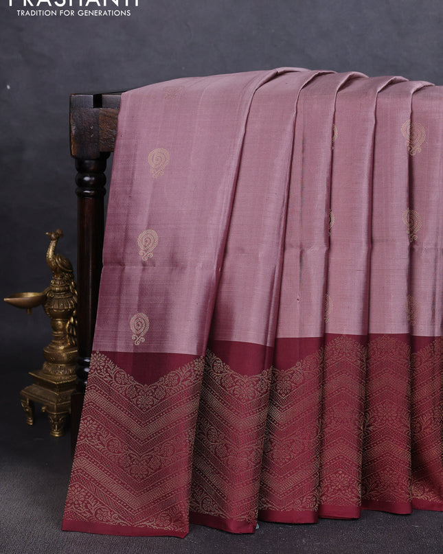Pure soft silk saree pastel brown and maroon with zari woven buttas and zari woven border