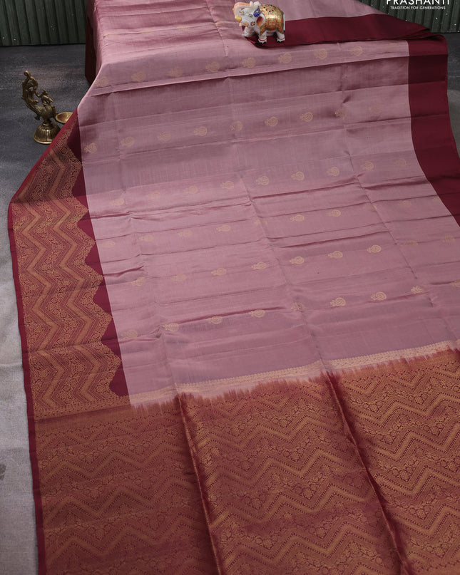 Pure soft silk saree pastel brown and maroon with zari woven buttas and zari woven border