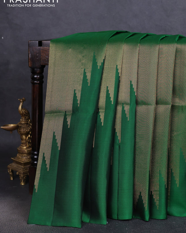 Pure soft silk saree green with allover zari weaves and temple design border