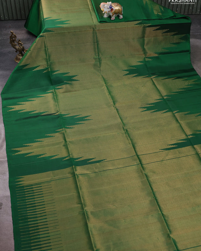Pure soft silk saree green with allover zari weaves and temple design border
