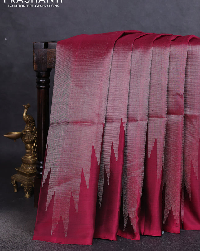 Pure soft silk saree maroon with allover zari weaves and temple design border