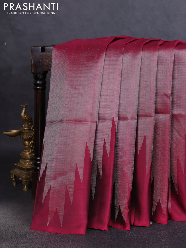Pure soft silk saree maroon with allover zari weaves and temple design border