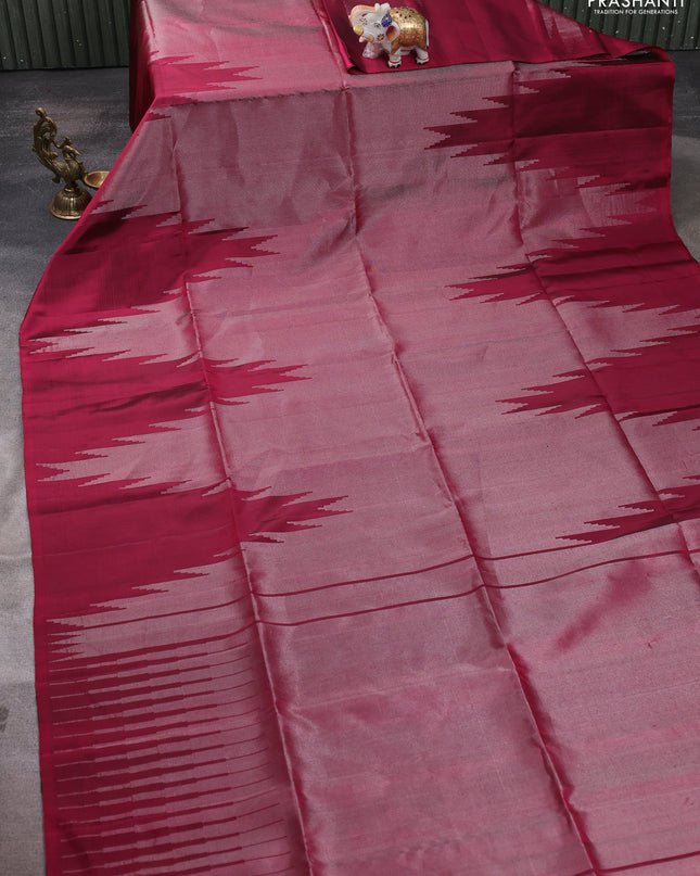 Pure soft silk saree maroon with allover zari weaves and temple design border