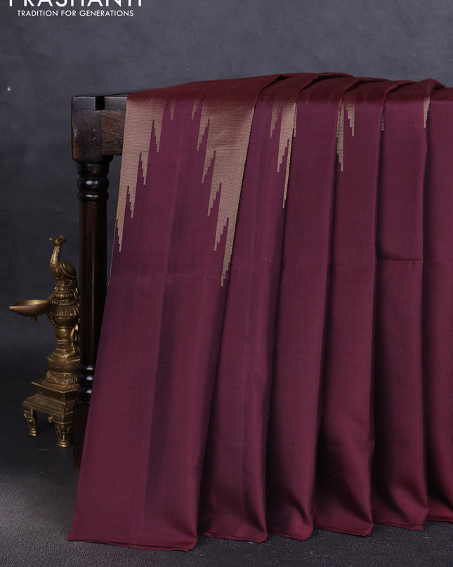Pure soft silk saree deep maroon with allover zari weaves and temple design border