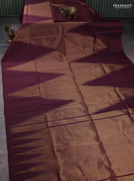 Pure soft silk saree deep maroon with allover zari weaves and temple design border