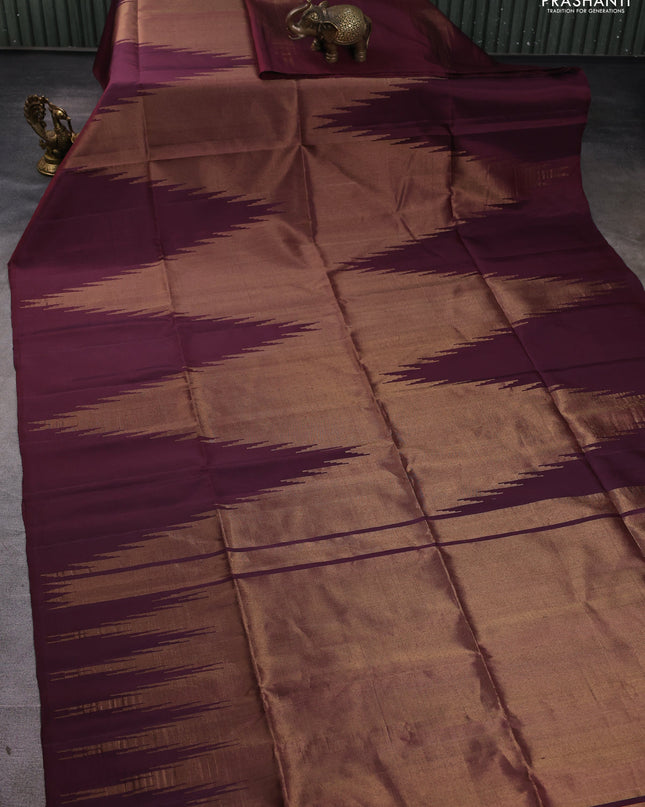 Pure soft silk saree deep maroon with allover zari weaves and temple design border