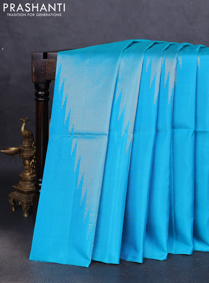 Pure soft silk saree light blue with allover zari weaves and temple design border