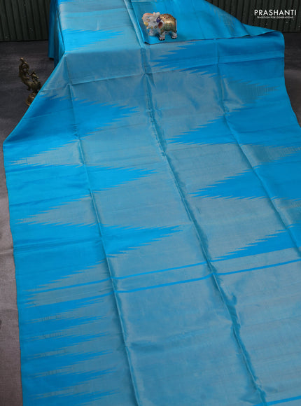 Pure soft silk saree light blue with allover zari weaves and temple design border