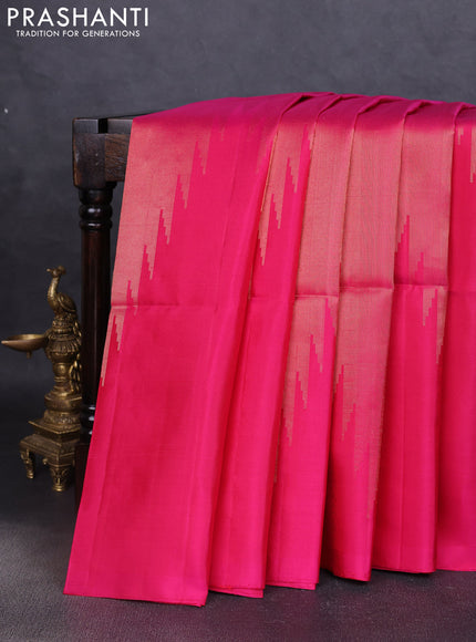 Pure soft silk saree dual shade of pinkish orange with allover zari weaves and temple design border