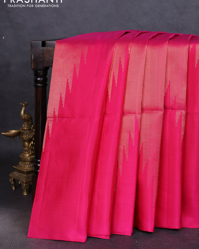 Pure soft silk saree dual shade of pinkish orange with allover zari weaves and temple design border