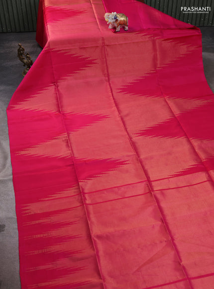 Pure soft silk saree dual shade of pinkish orange with allover zari weaves and temple design border