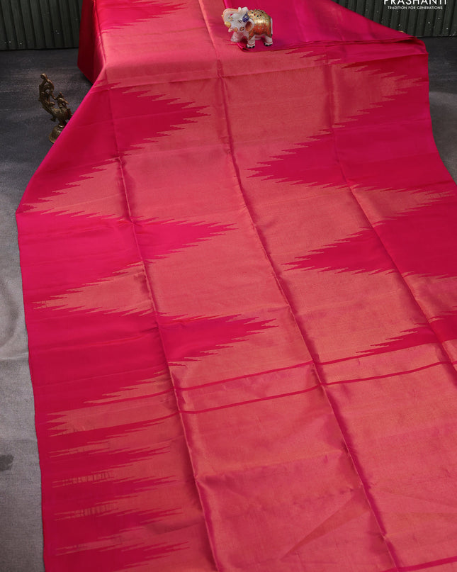 Pure soft silk saree dual shade of pinkish orange with allover zari weaves and temple design border