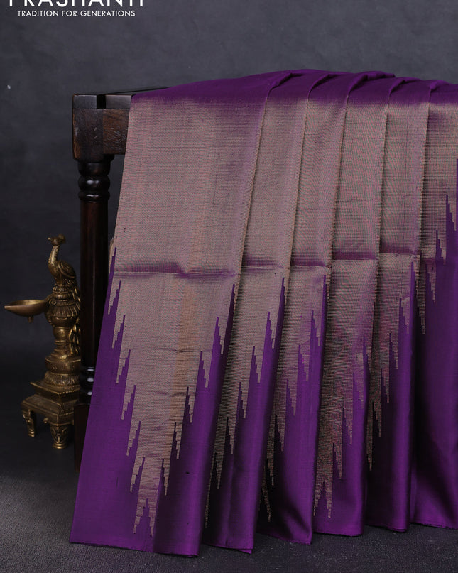 Pure soft silk saree violet with allover zari weaves and temple design border