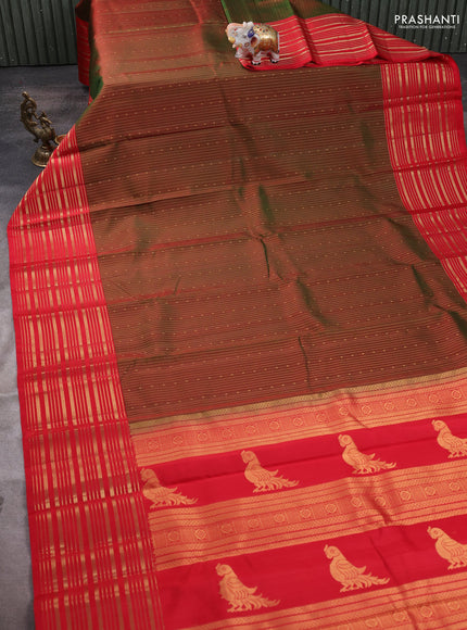 Pure soft silk saree manthulir green and red with allover zari weaves and zari woven border
