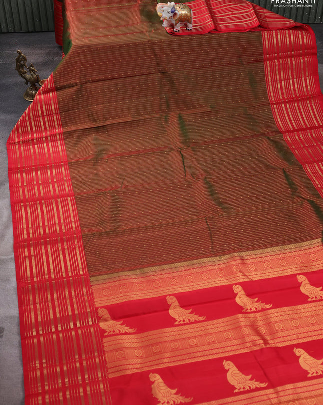 Pure soft silk saree manthulir green and red with allover zari weaves and zari woven border