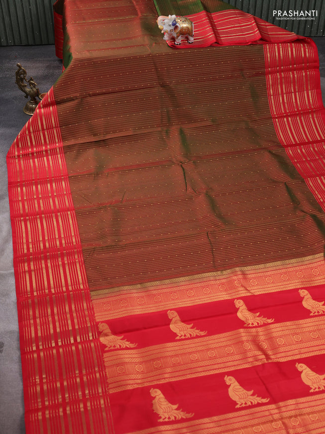 Pure soft silk saree manthulir green and red with allover zari weaves and zari woven border