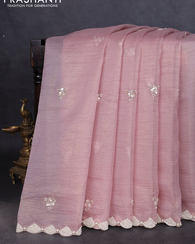 Crush tissue saree pastel pink with beaded work and beaded border