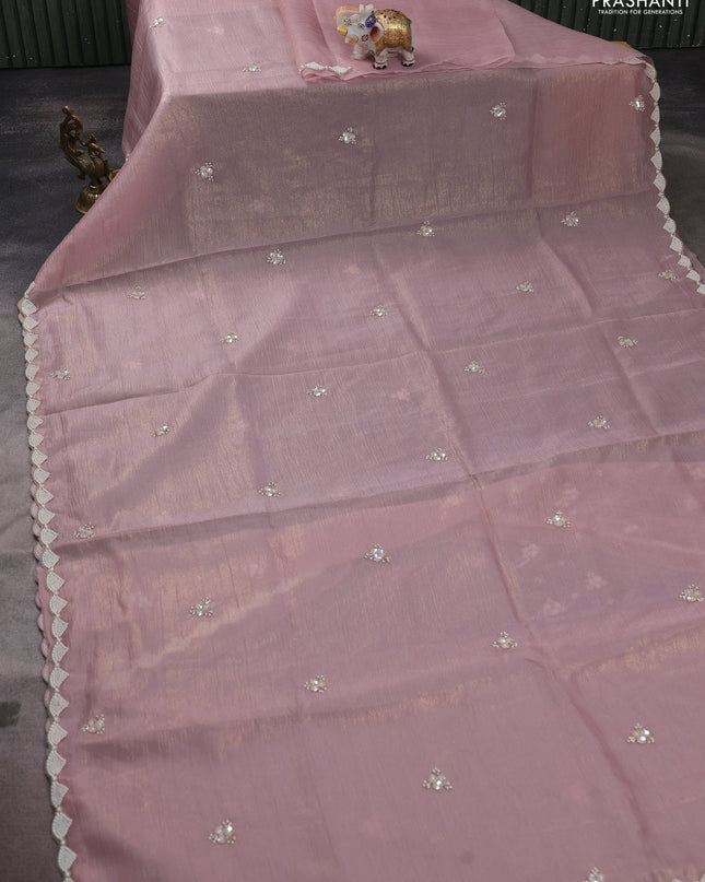 Crush tissue saree pastel pink with beaded work and beaded border