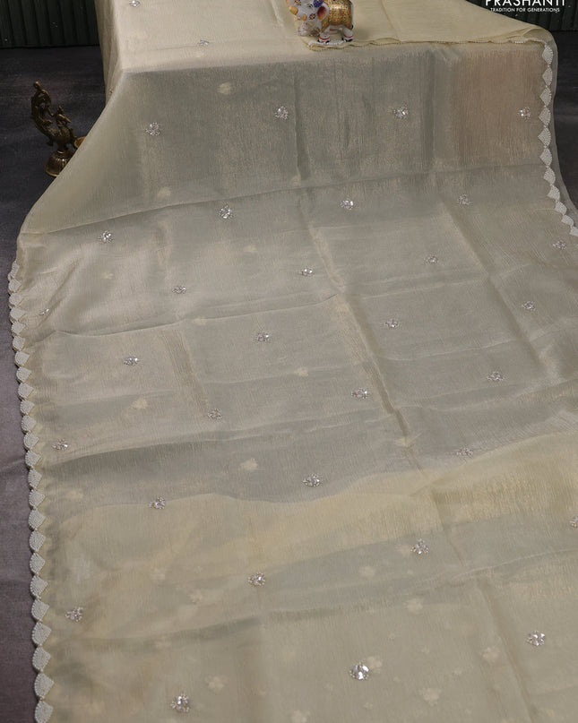 Crush tissue saree pale yellow with beaded work and beaded border