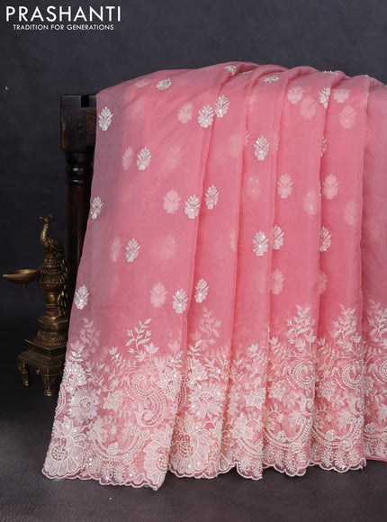 Organza saree peach pink with allover embroidery and embroidery border