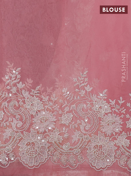 Organza saree peach pink with allover embroidery and embroidery border