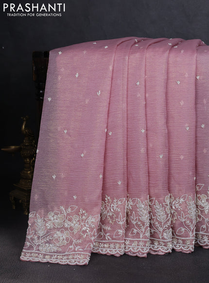 Crush tissue saree pastel pink with allover beaded & sequin work and beaded border