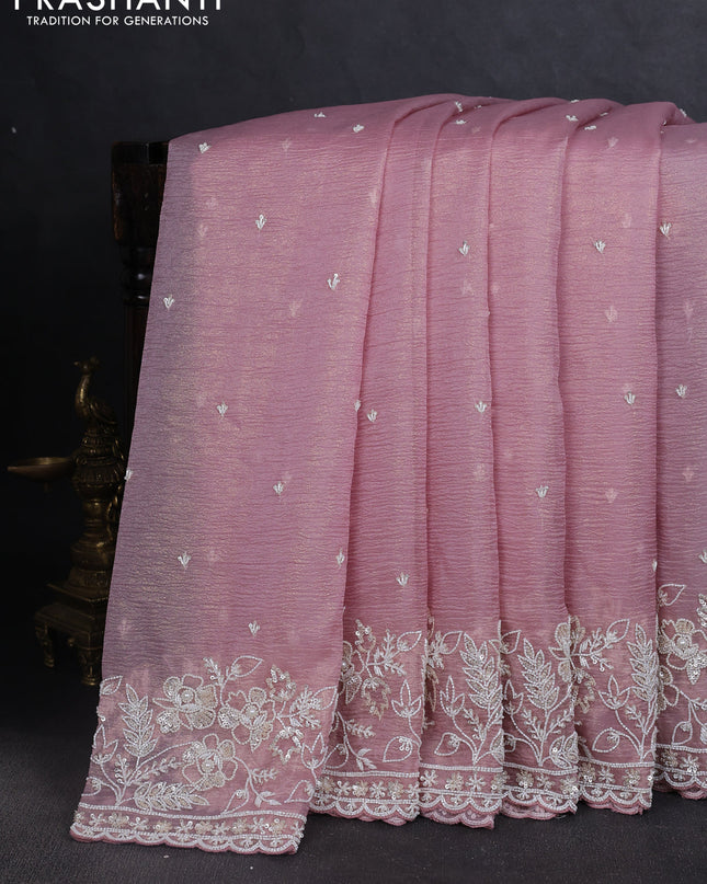 Crush tissue saree pastel pink with allover beaded & sequin work and beaded border