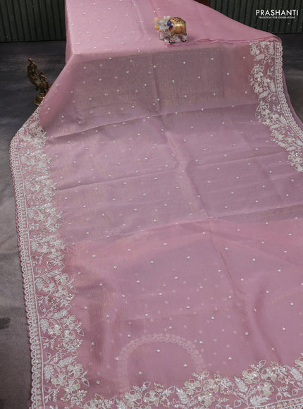 Crush tissue saree pastel pink with allover beaded & sequin work and beaded border