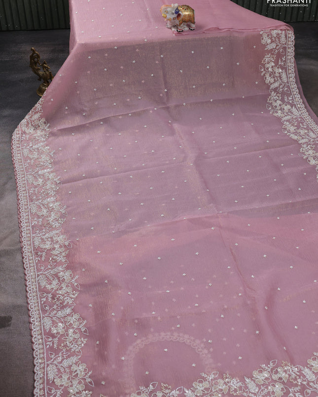 Crush tissue saree pastel pink with allover beaded & sequin work and beaded border