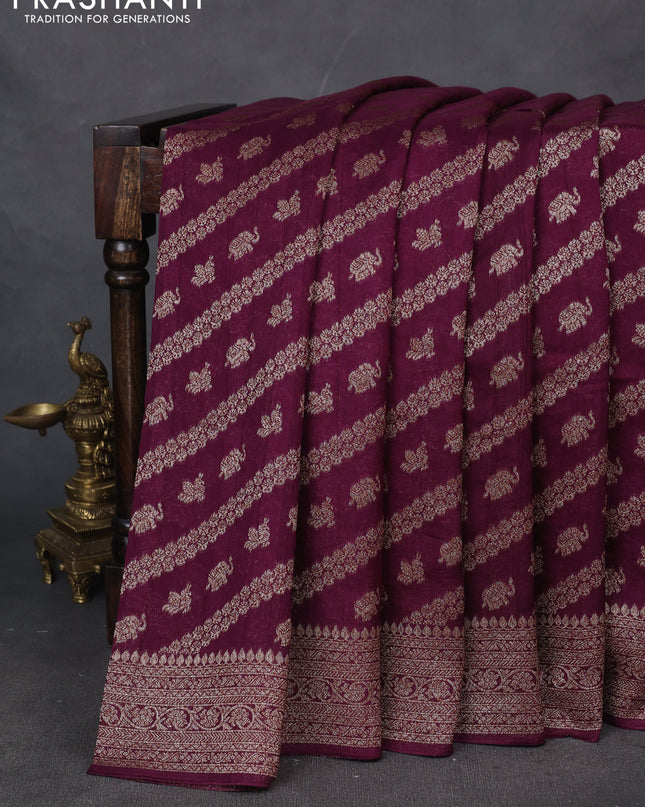 Banarasi semi raw silk saree wine shade with allover thread & zari weaves and woven border