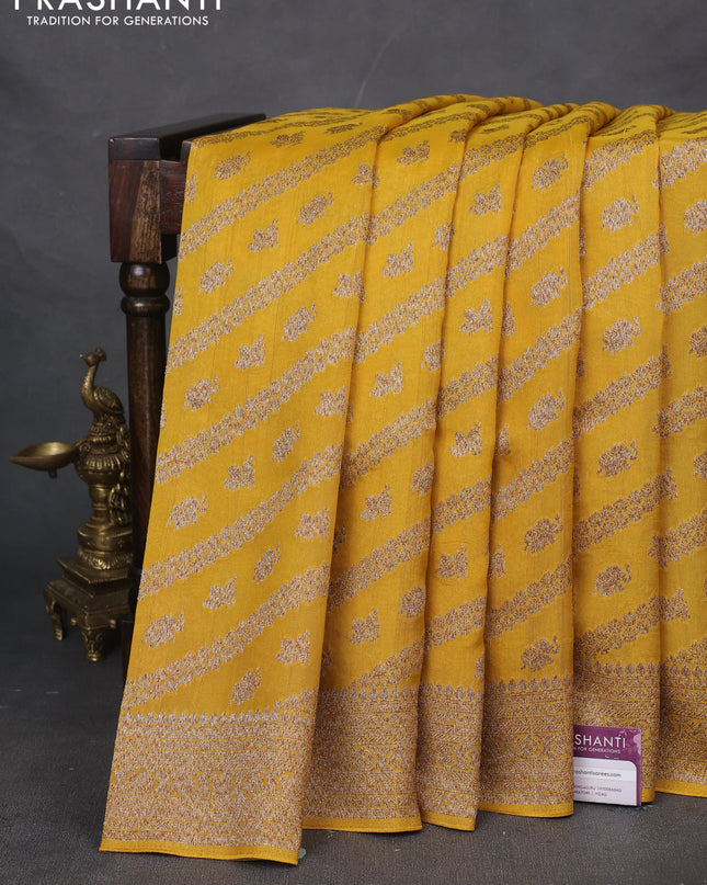 Banarasi semi raw silk saree mustard yellow with allover thread & zari weaves and woven border