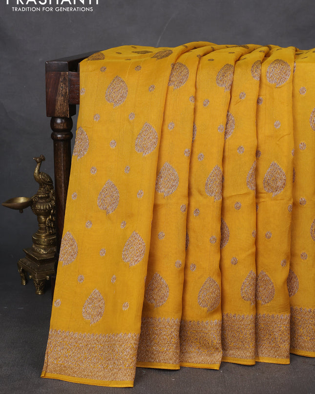 Banarasi semi raw silk saree mustard yellow with woven buttas and woven border
