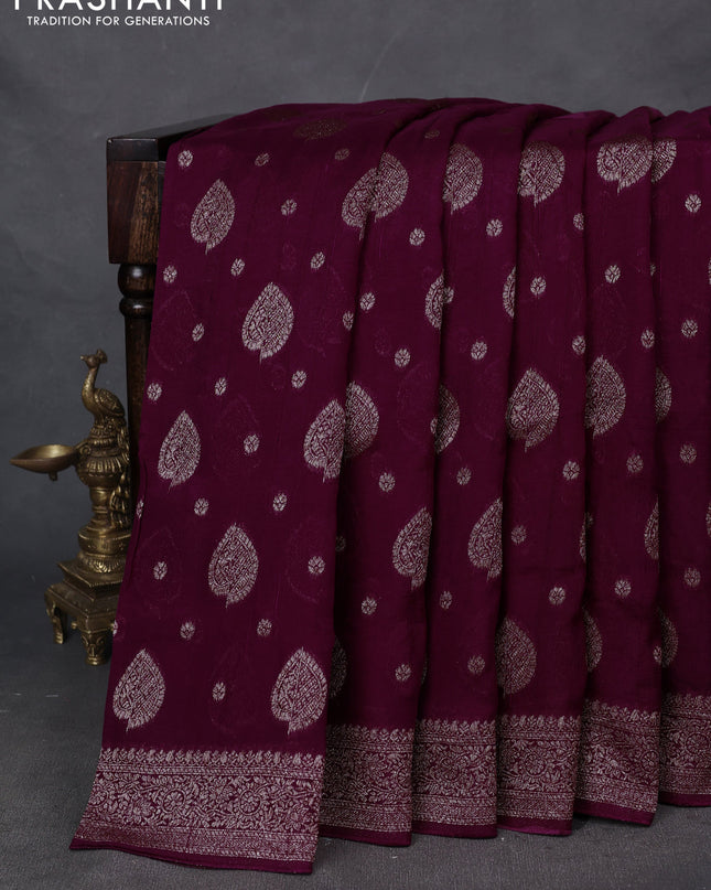 Banarasi semi raw silk saree wine shade with woven buttas and woven border