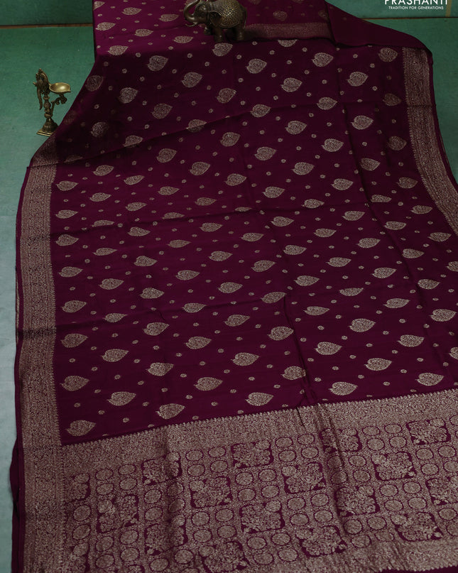 Banarasi semi raw silk saree wine shade with woven buttas and woven border