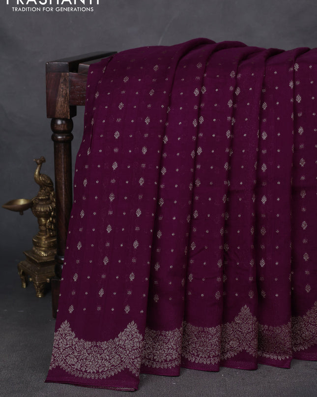 Banarasi semi raw silk saree wine shade with woven buttas and woven border