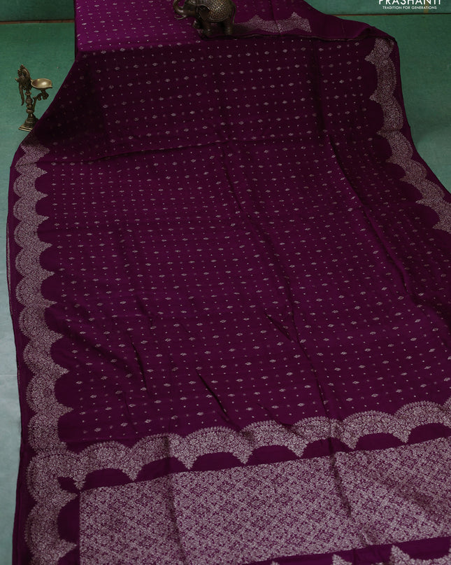 Banarasi semi raw silk saree wine shade with woven buttas and woven border