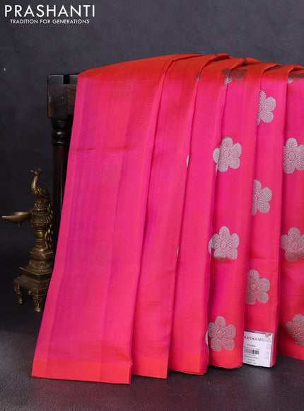 Venkatagiri silk saree dual shade of pinkish orange with silver zari woven buttas in borderless style