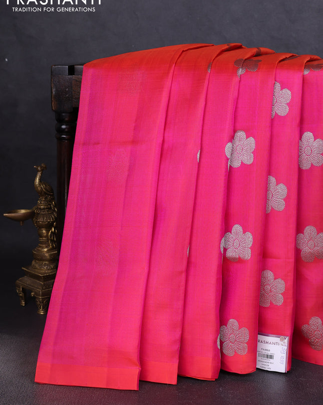Venkatagiri silk saree dual shade of pinkish orange with silver zari woven buttas in borderless style