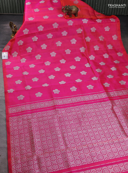 Venkatagiri silk saree dual shade of pinkish orange with silver zari woven buttas in borderless style
