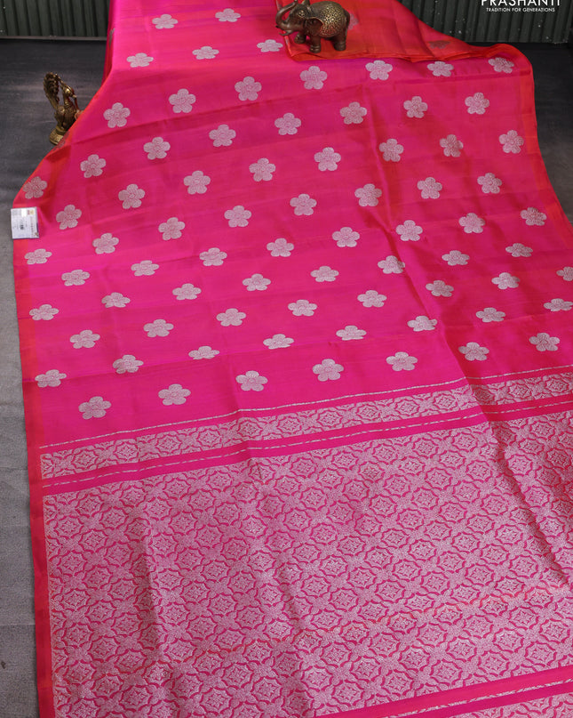 Venkatagiri silk saree dual shade of pinkish orange with silver zari woven buttas in borderless style