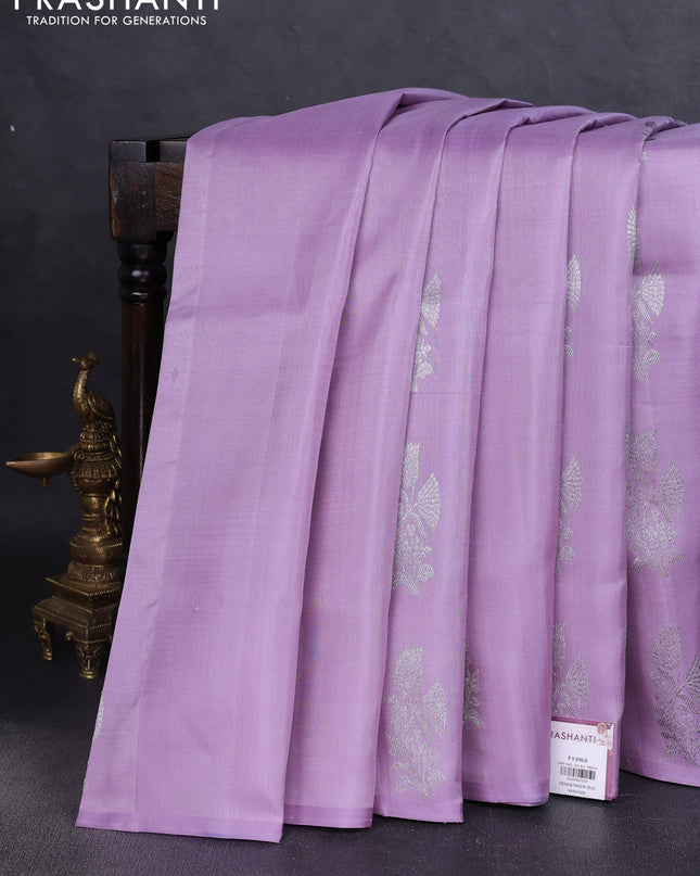 Venkatagiri silk saree lavender with silver zari woven buttas in borderless style