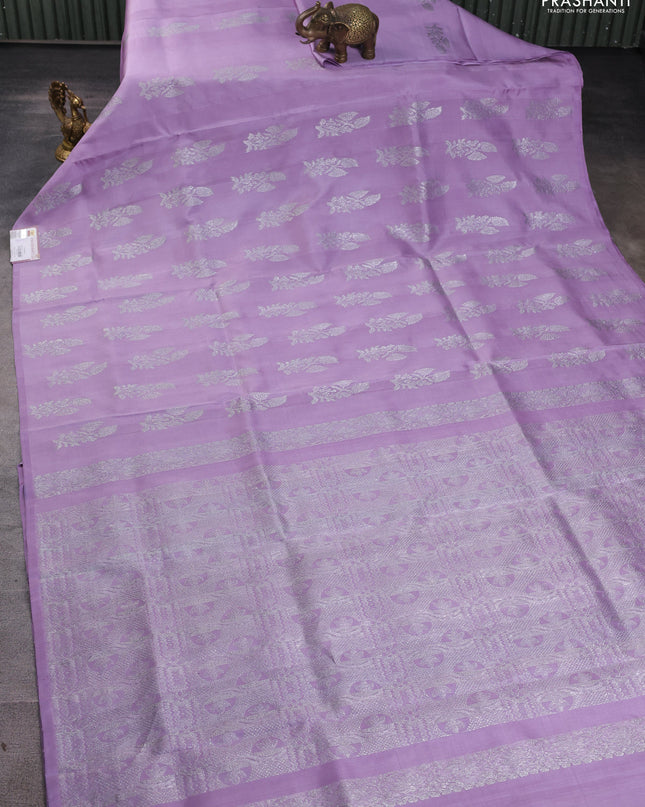 Venkatagiri silk saree lavender with silver zari woven buttas in borderless style