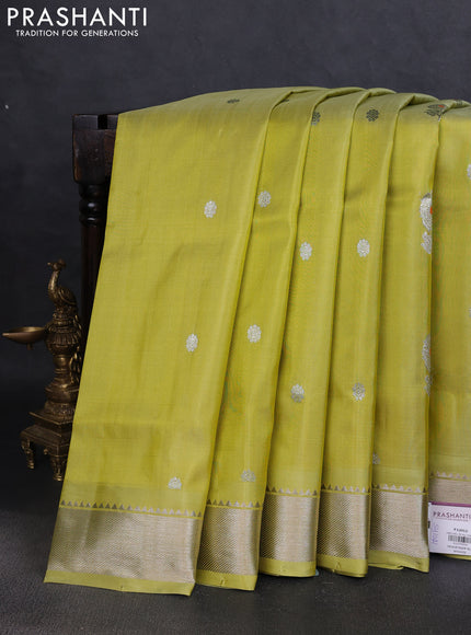 Venkatagiri silk saree lime yellow with silver zari woven buttas and silver zari woven border