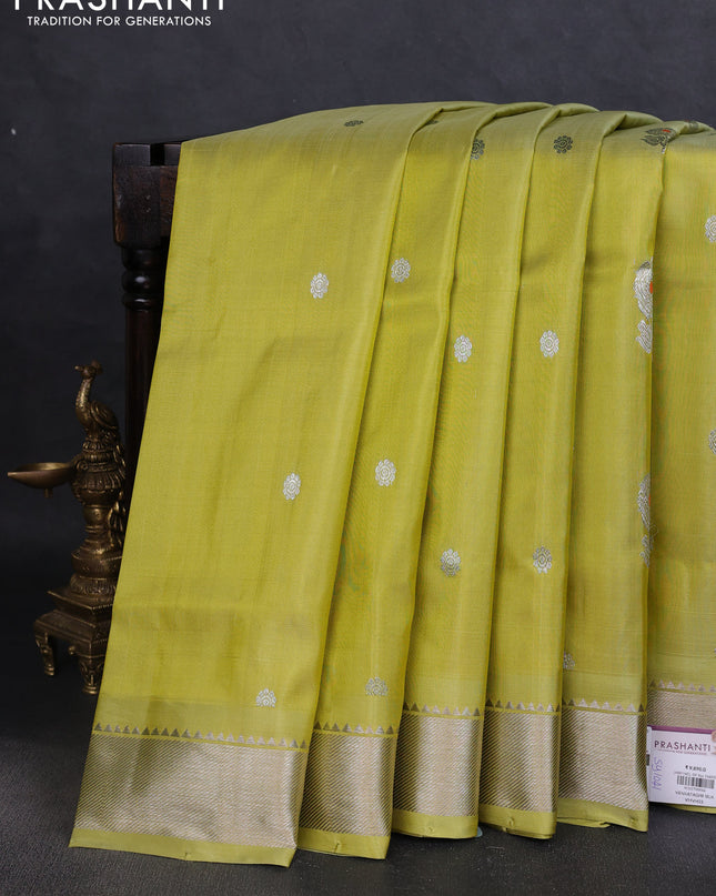 Venkatagiri silk saree lime yellow with silver zari woven buttas and silver zari woven border
