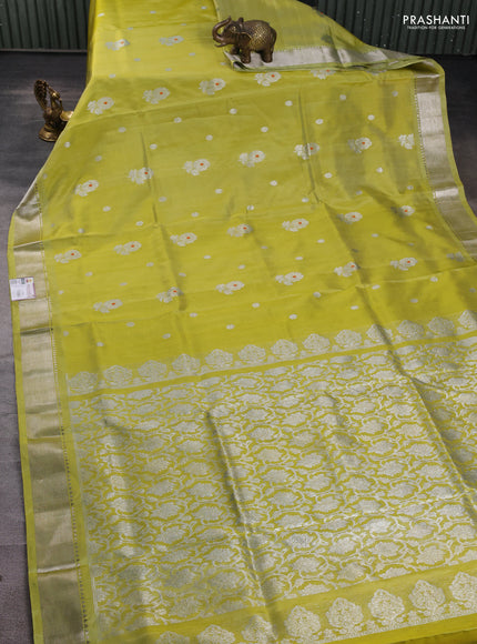 Venkatagiri silk saree lime yellow with silver zari woven buttas and silver zari woven border