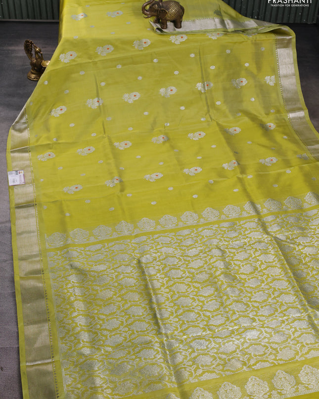Venkatagiri silk saree lime yellow with silver zari woven buttas and silver zari woven border