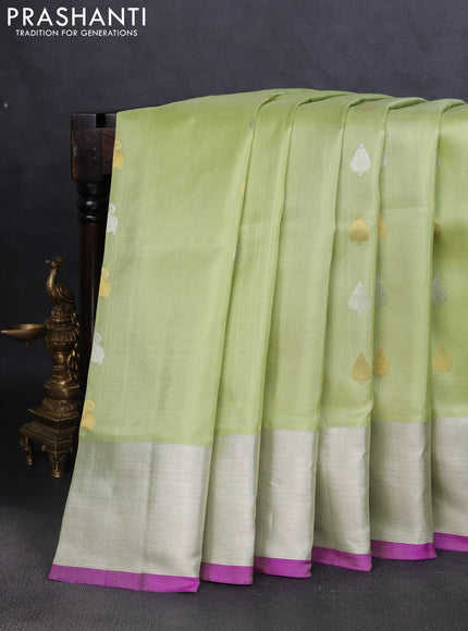 Venkatagiri silk saree pista green and purple with silver & gold zari woven buttas and silver zari woven border