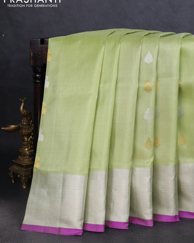 Venkatagiri silk saree pista green and purple with silver & gold zari woven buttas and silver zari woven border