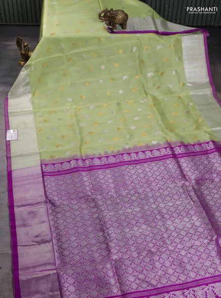 Venkatagiri silk saree pista green and purple with silver & gold zari woven buttas and silver zari woven border