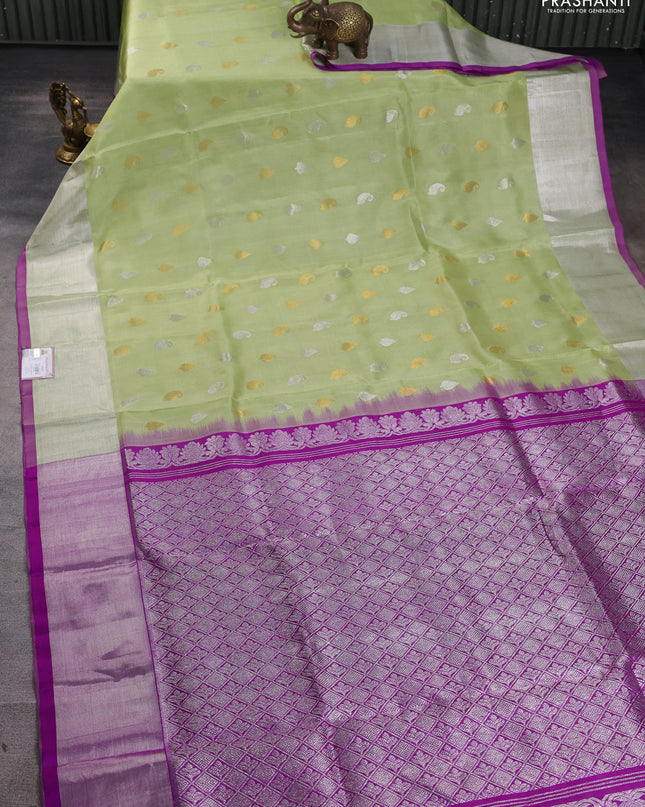 Venkatagiri silk saree pista green and purple with silver & gold zari woven buttas and silver zari woven border